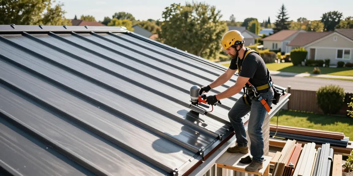 MRoof expert installing a durable metal roof on a house in a sunny residential neighborhood.