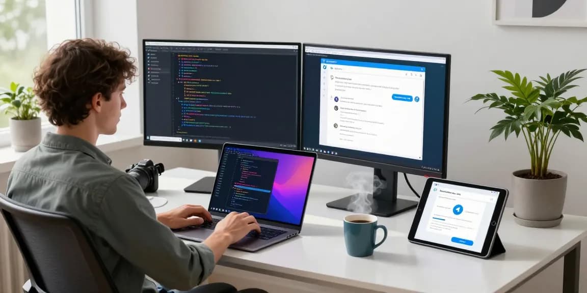 Developer using Telegram download on dual monitors in a modern workspace.