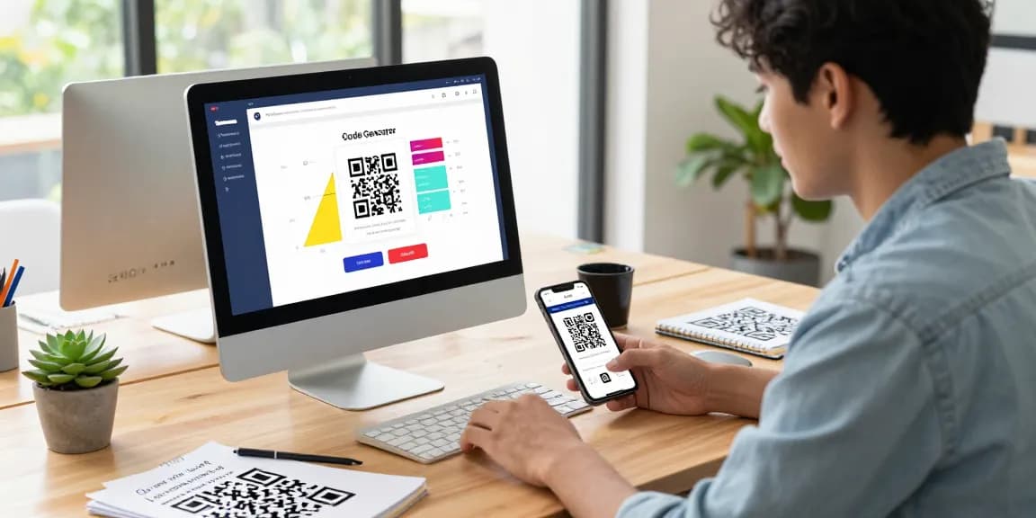 Create a unique QR Code Generator in a modern workspace, showcasing vibrant interface and analysis tools.