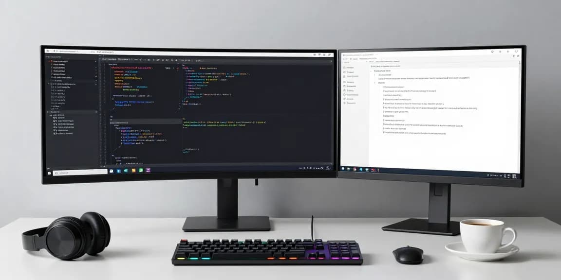 tk88ws software development workspace with coding on multiple screens and RGB lighting.