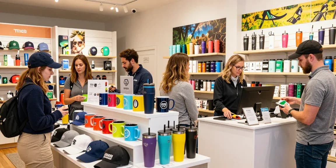 Promotional products showroom featuring engaging displays of custom caps and drinkware, creating excitement.