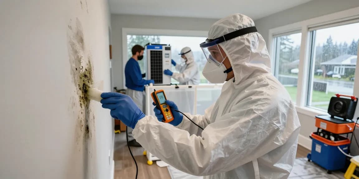 Mold Remediation Vancouver expert inspecting for hidden mold with moisture meter, showcasing professional equipment in a residential setting.