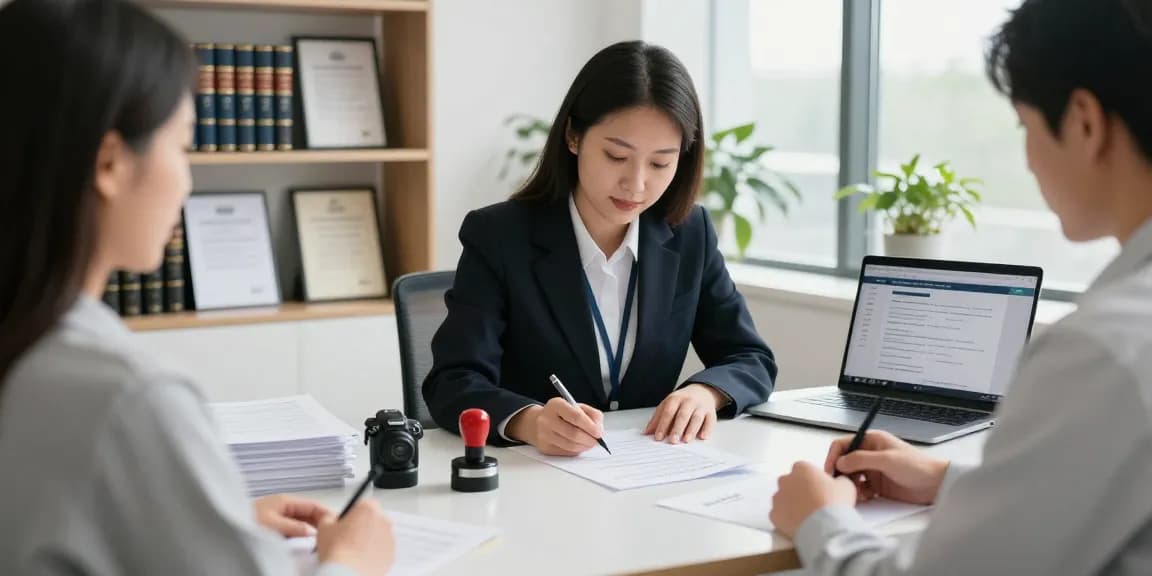 Notary public in Brampton assisting clients with document notarization in a professional office.