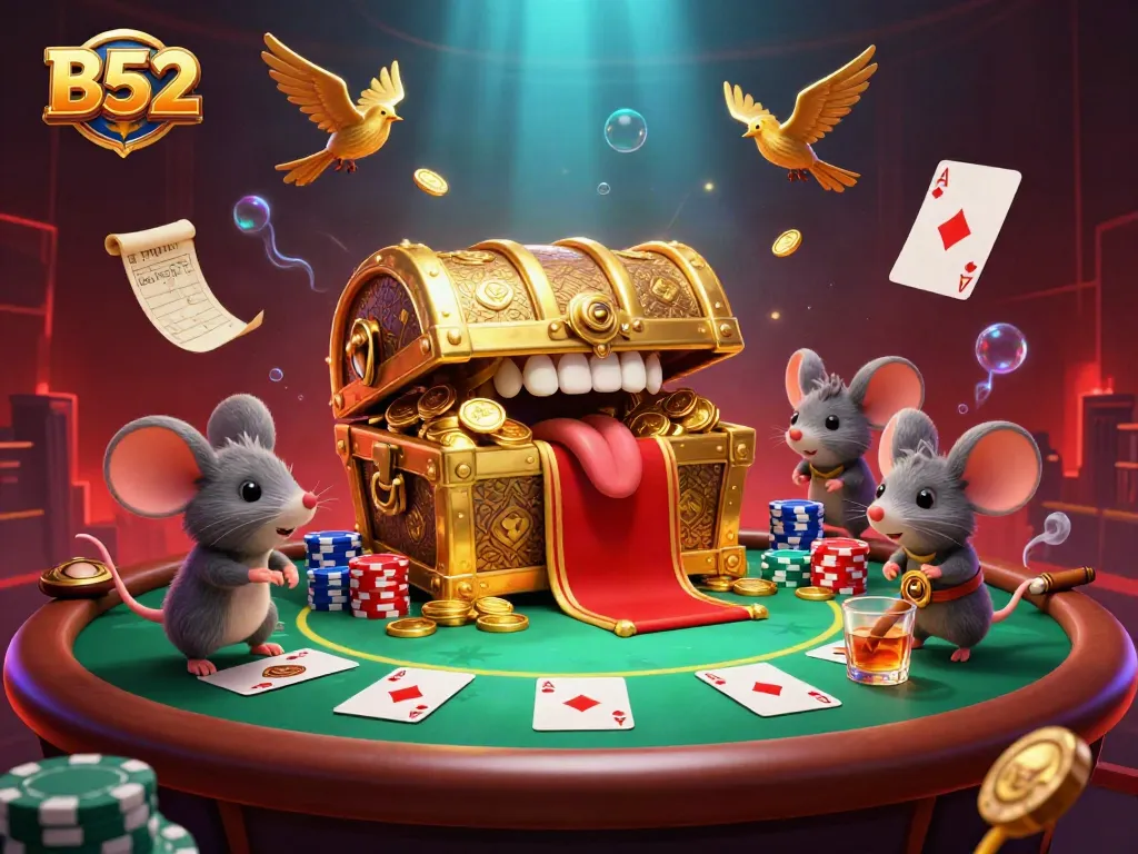 Experience the excitement of the B52 casino with vibrant treasures, poker tables, and playful characters.