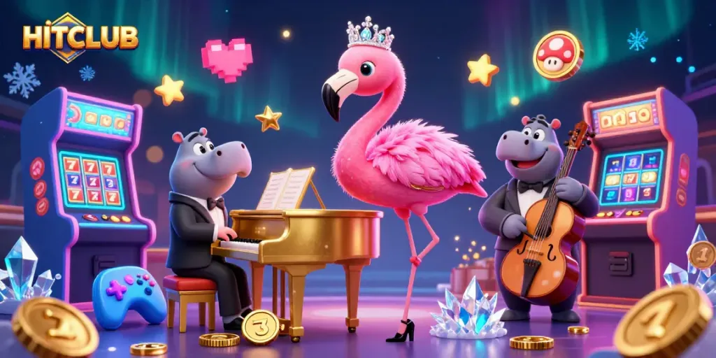 Engage with HITCLUB's vibrant casino atmosphere featuring a flamingo singer and a hippo bassist.