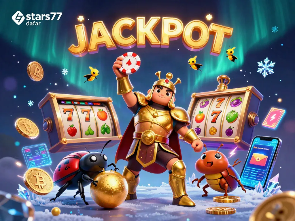 Menyusun strategi di stars77 daftar sambil merayakan jackpot dengan simbol slot dan koin crypto.