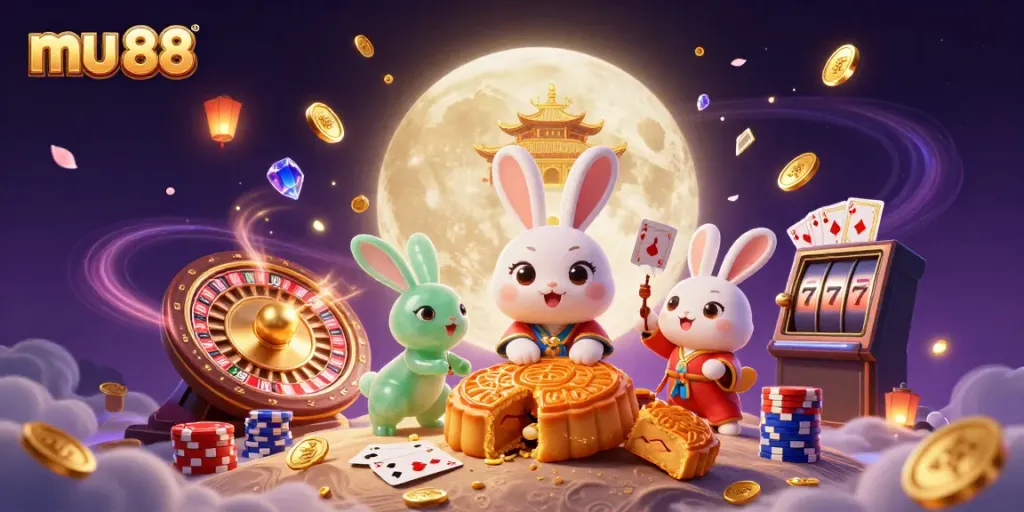 Experience the thrill of mu 88 with a vibrant 3D illustration of casino elements and folklore themes.