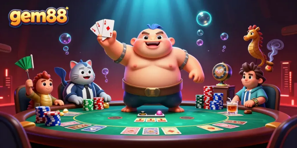 Experience thrilling underwater gambling with gem88 featuring a blowfish in a sumo belt and vibrant casino elements.