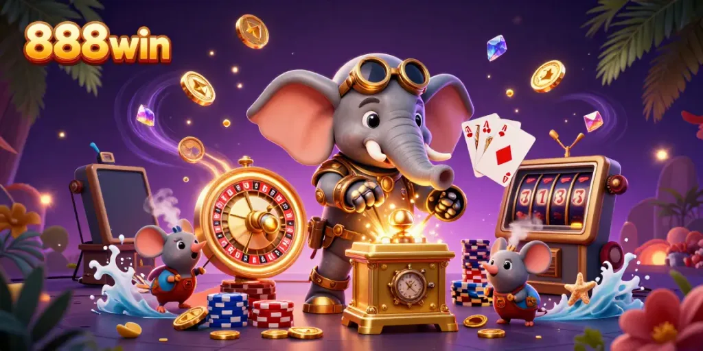 Spin to win with 888win's vibrant casino scene filled with characters and gaming elements.