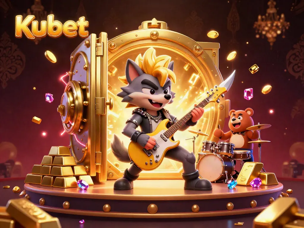 Kubet casino experience featuring a cartoon wolf rock star and bear drummer on a vibrant stage.