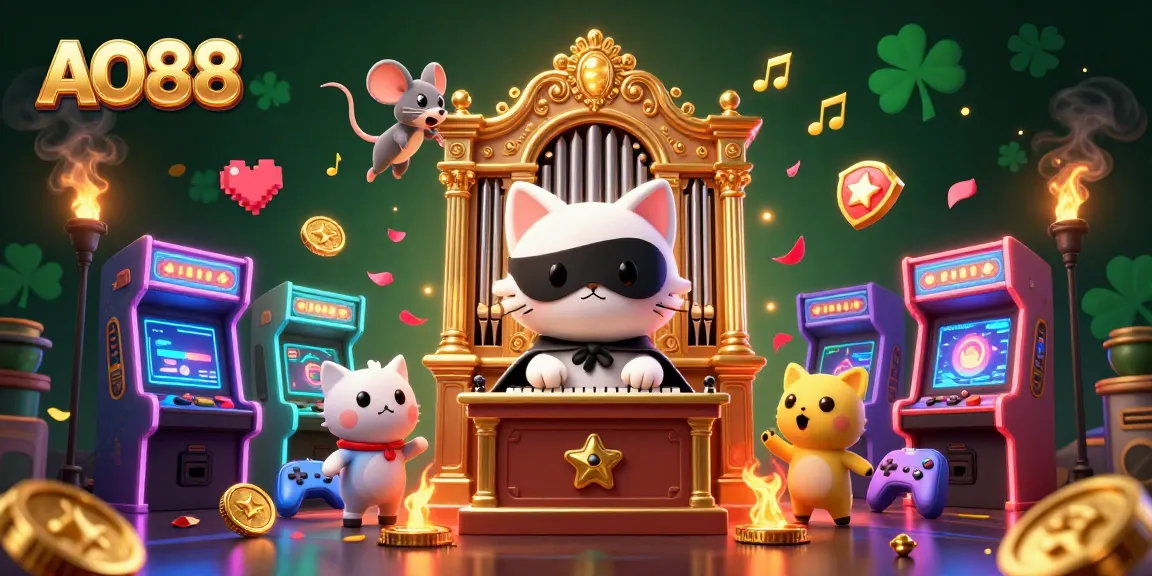 Experience the magic of AO88 with a vibrant 3D illustration showcasing a phantom cat at a luxurious casino.