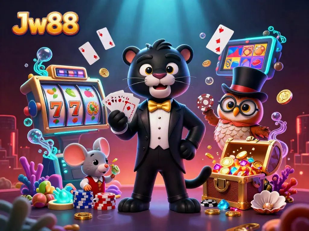 Experience thrilling casino action with Jw88's stylish panther dealer, owl, and lucky mouse surrounded by slot reels and treasures.