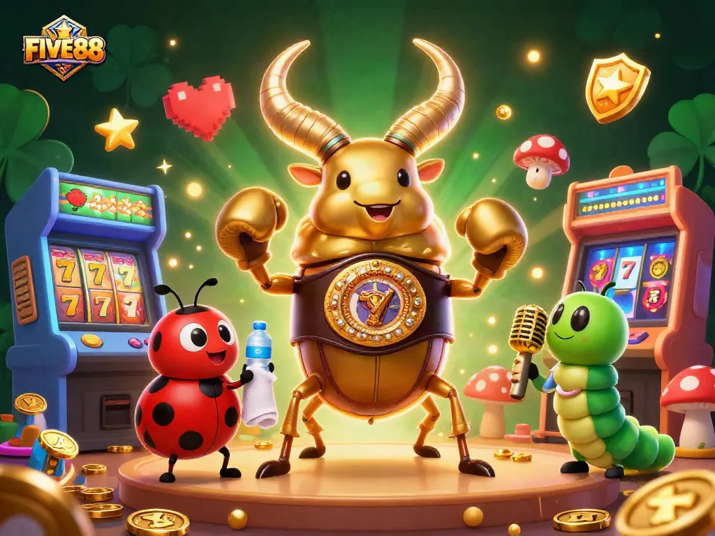 Engage with FIVE88's thrilling casino slots showcased by a vibrant, detailed 3D illustration.