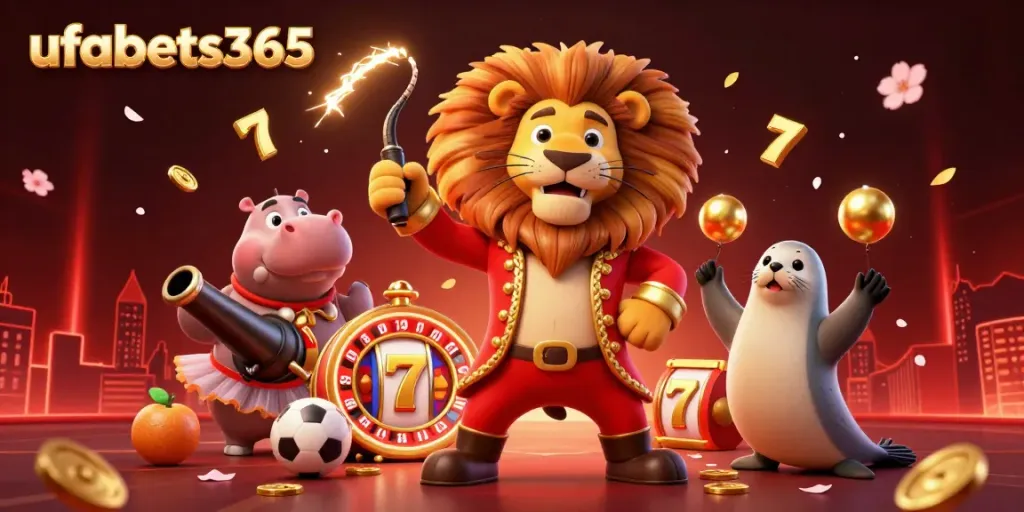 Experience thrilling action at ufabets365 with vibrant circus characters and dynamic casino elements.