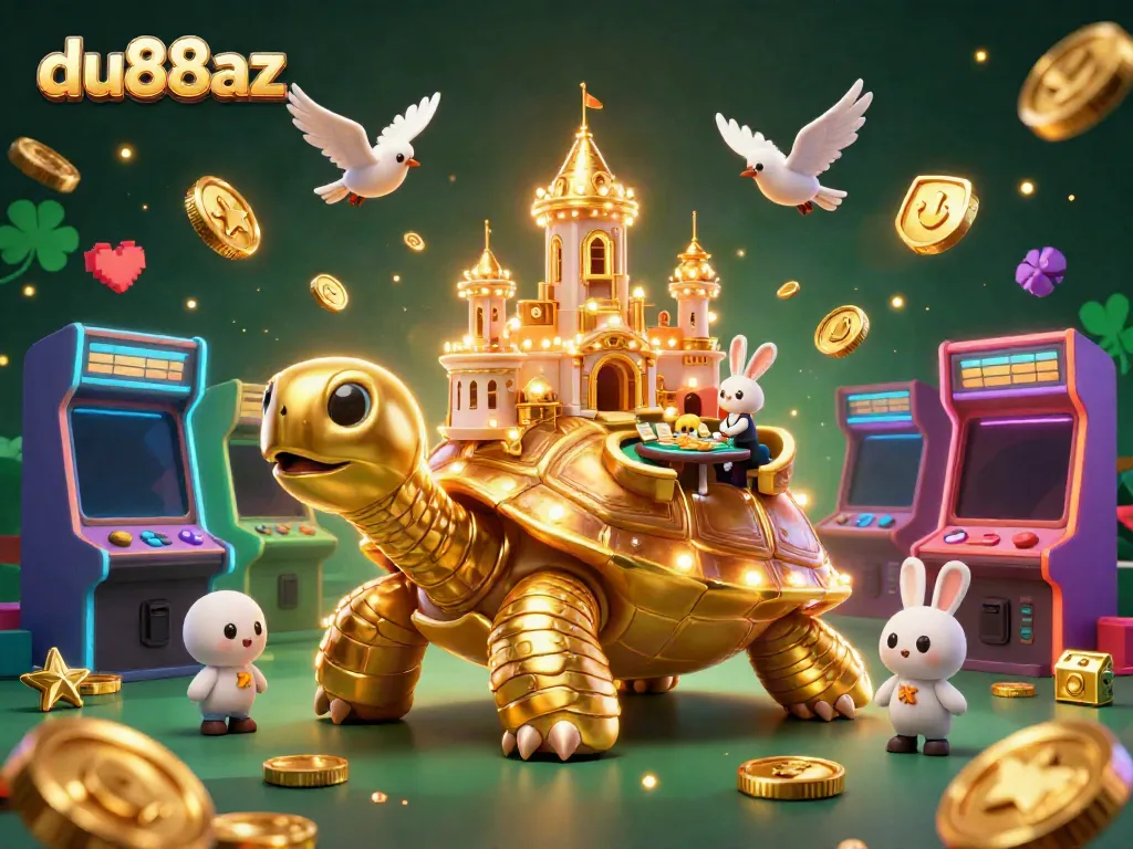 Experience the thrill of gaming at du88az with a whimsical casino setting filled with golden creatures and vibrant arcade elements.