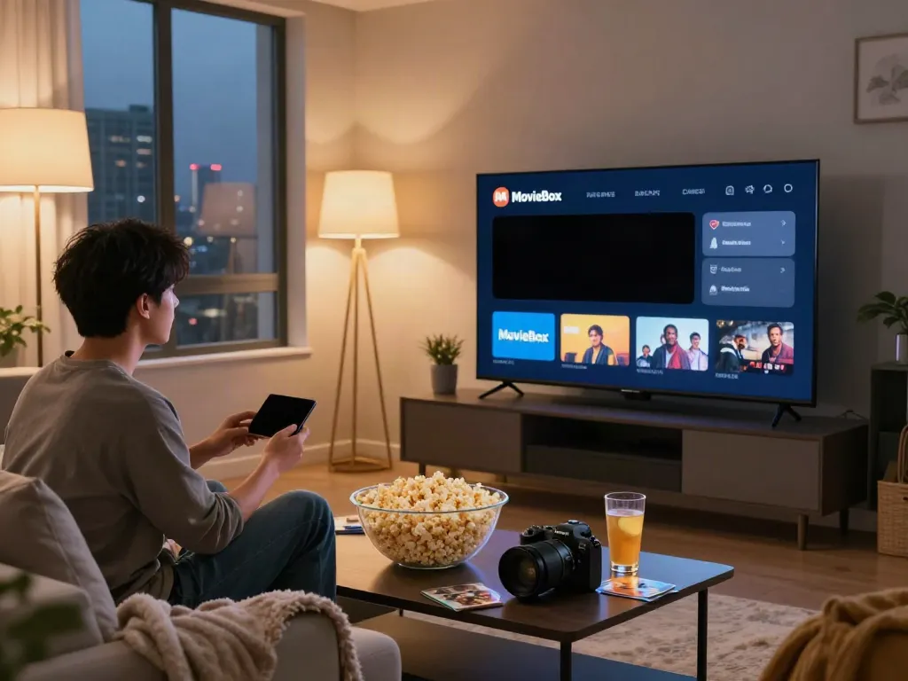 Enjoying moviesbox app on a cozy living room setup