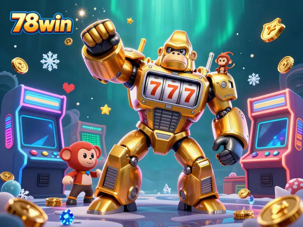 Experience thrilling gaming action at 78win with a golden gorilla mech and vibrant arcade elements.