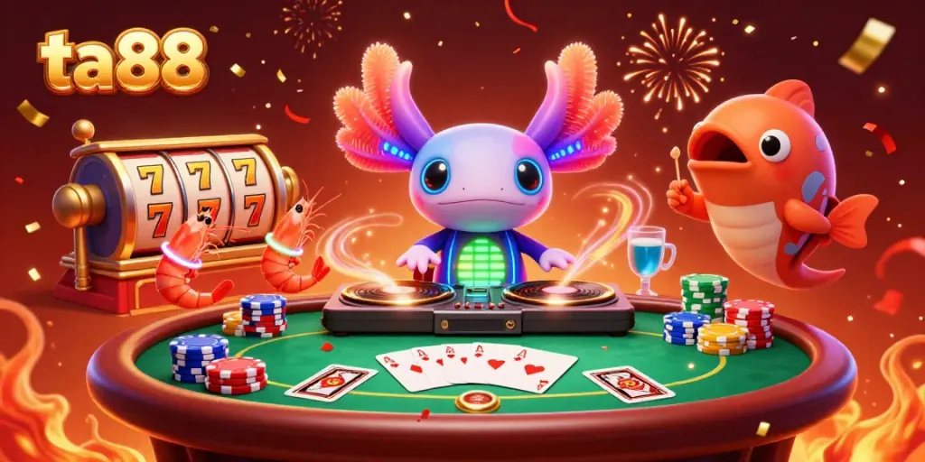 Join the vibrant gaming scene at ta88 with neon axolotl DJ and colorful casino elements.