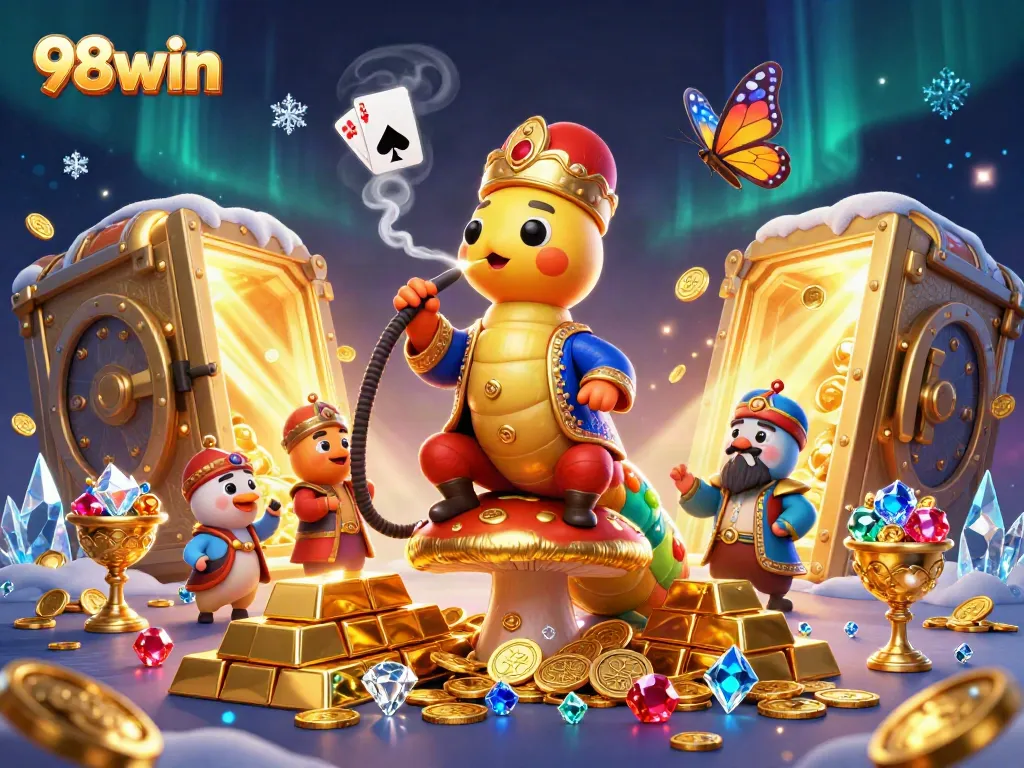 Experience the thrilling world of 98win as the caterpillar hookah-master reigns from a jeweled mushroom throne, surrounded by treasures.