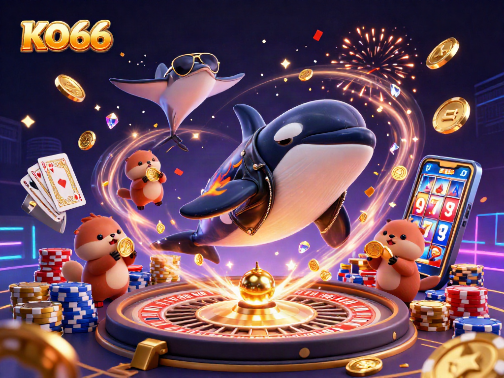 Experience thrilling wins with KO66 amidst joyous characters celebrating at a vibrant casino scene.