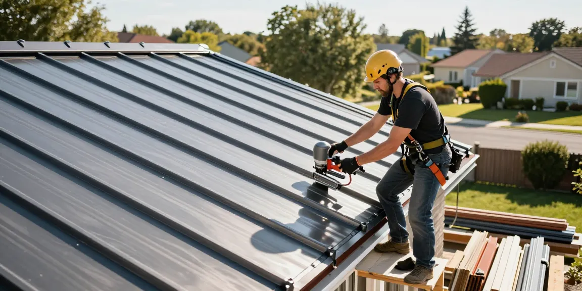 MRoof expert installing a durable metal roof on a house in a sunny residential neighborhood.