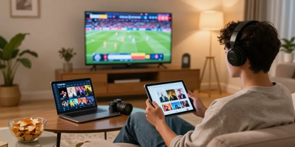 Engaging with FilmyZilla APK on a tablet while enjoying live sports at home.