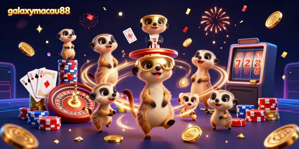 Experience the excitement of galaxymacau88 with 3D meerkats in a vibrant casino scene full of energy and games.
