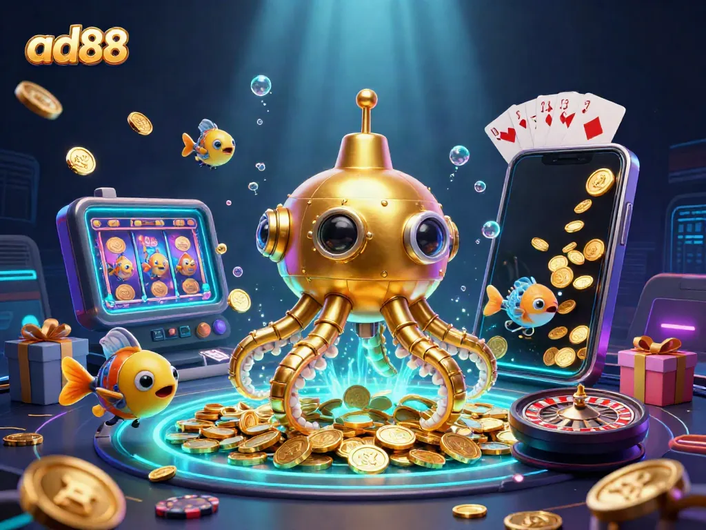 Experience ad88's playful underwater casino adventure with a golden kraken and exciting gaming elements.