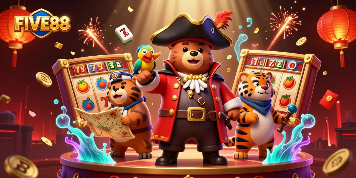 Experience thrilling gameplay at FIVE88 with a vibrant pirate-themed casino illustration featuring exciting slot elements.