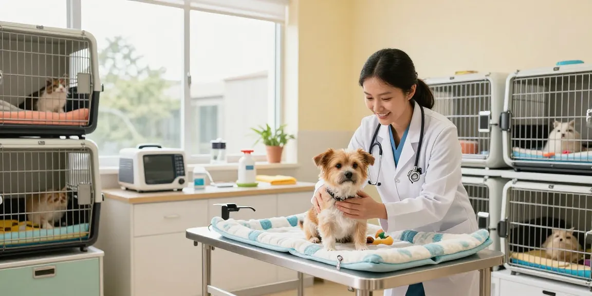 Veterinary cages providing comfort and security for animals in a modern veterinary clinic.