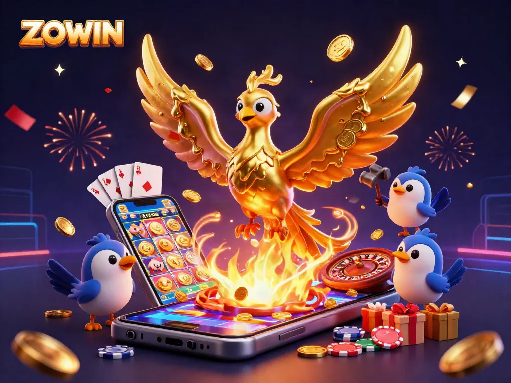 Experience the thrill at ZOWIN with a vibrant phoenix and dynamic gaming elements.