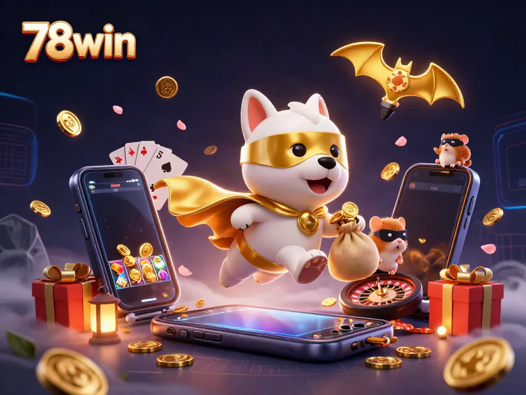 Engage with 78win's vibrant gaming world, featuring a superhero dog flying with gold coins amidst colorful casino elements.