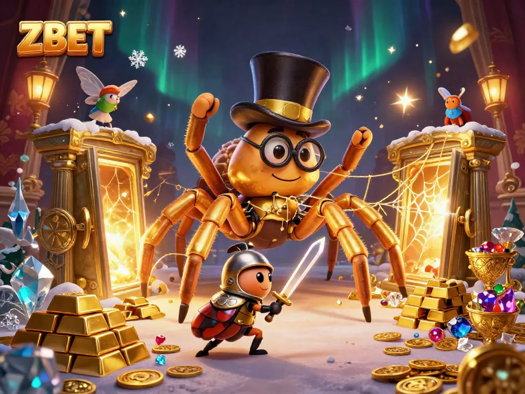 ZBET features thrilling gameplay with a golden tarantula weaving webs of fortune in a vibrant casino scene.