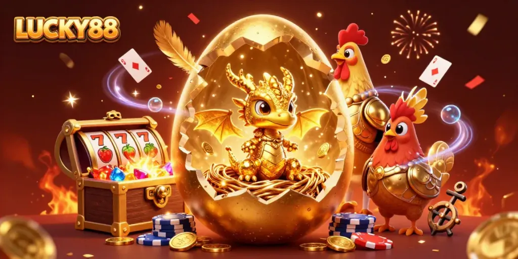 LUCKY88 slot-themed illustration featuring a golden dragon and poker chips amidst dynamic casino elements.