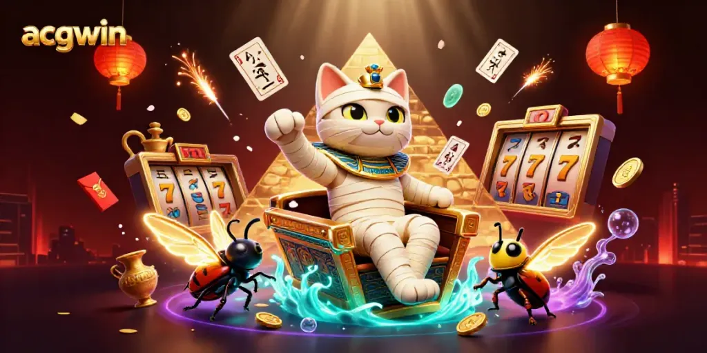 Experience thrilling gaming with acgwin in a vibrant 3D casino scene featuring a mummy cat.