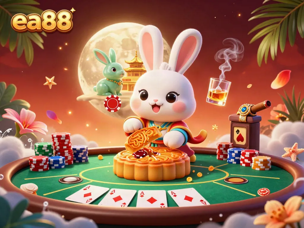 Experience exhilarating gaming with ea88 as a moon rabbit reveals hidden poker chips in a mystical casino!