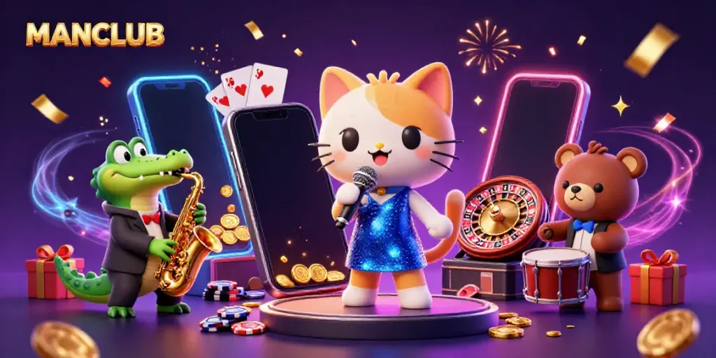 Experience the excitement of MANCLUB with a lively casino illustration featuring unique animal characters and vibrant gaming elements.