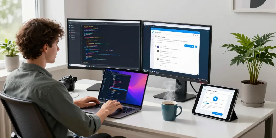 Developer using Telegram download on dual monitors in a modern workspace.