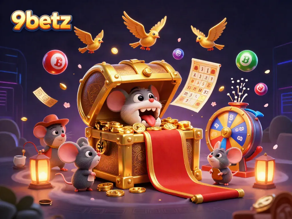 Experience the thrill of 9betz gaming with a treasure chest, lottery balls, and vibrant prizes.