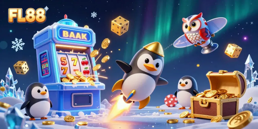 Catch the excitement at FL88 as a golden penguin zooms towards a casino station, showcasing vibrant gambling elements.