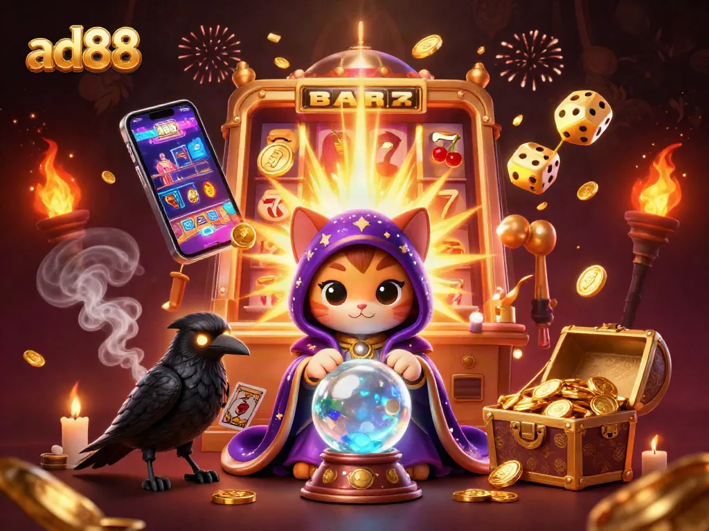 Experience thrilling gameplay with ad88's vibrant casino scene featuring mystical elements and dynamic slot themes.