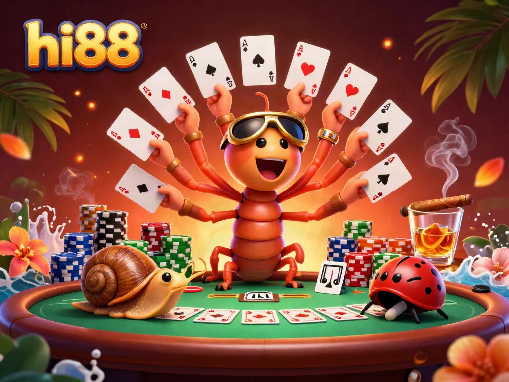 Experience the excitement of hi88 with a 3D casino scene featuring a vibrant millipede dealer and high-roller snail.