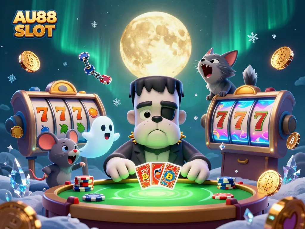 Engage in thrilling AU88 SLOT games as a cartoony Frankenstein bulldog dealer captivates players.