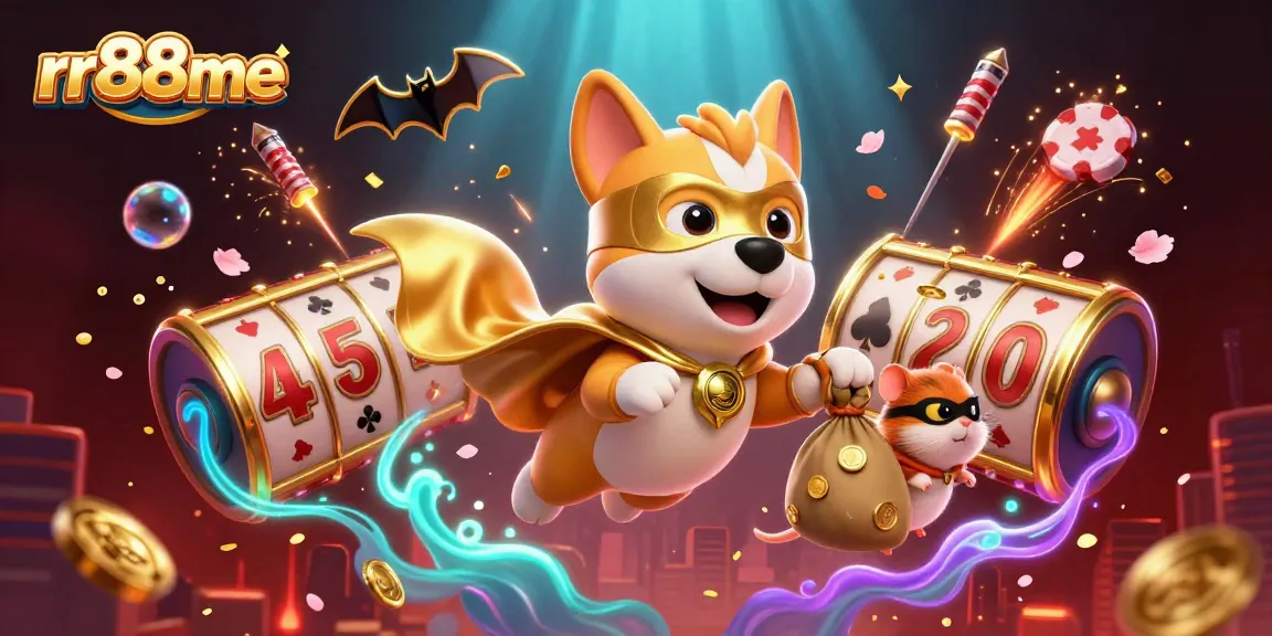 Experience thrilling gambling action with rr88me, featuring a superhero dog flying with gold coins in a vibrant casino setting.