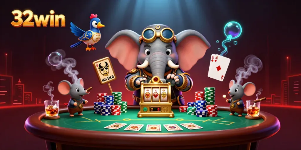 Experience exciting gaming at 32win with a steampunk elephant operating a golden slot machine.