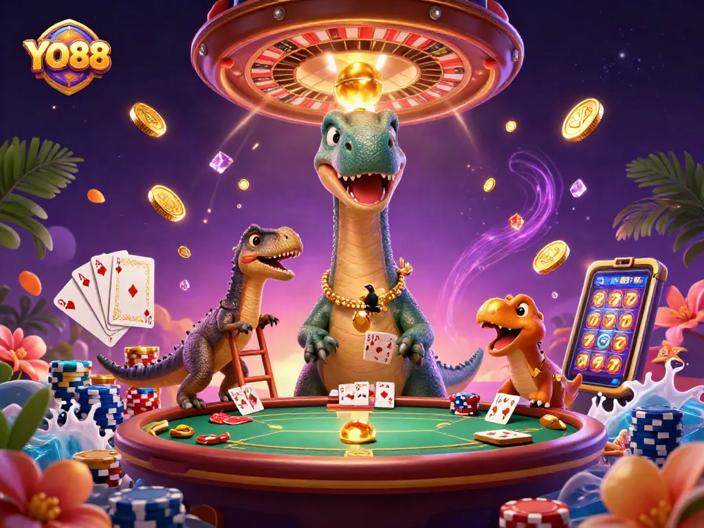 Deal cards for YO88 at a lively casino table with vibrant characters and gold accents.
