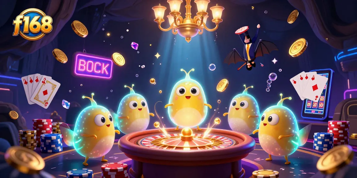 Experience the vibrant world of f168 with glowing characters illuminating a casino scene filled with gold coins and glowing gems.