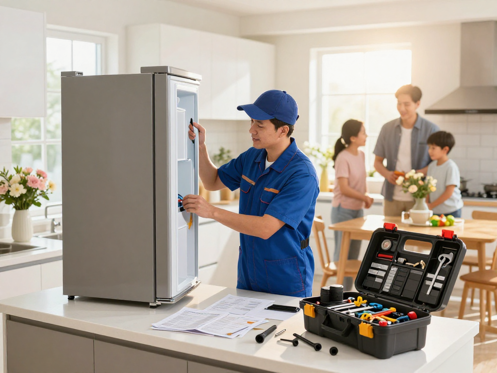 Appliance Repair in North York with a technician fixing a refrigerator in a bright kitchen.