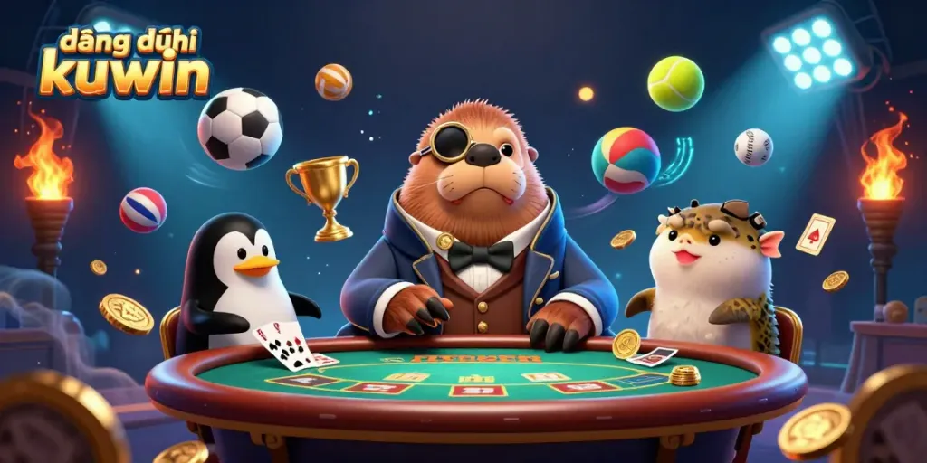 Engage in fun with a jolly walrus at an underwater poker table, highlighting đăng ký kuwin.