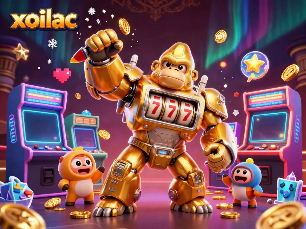 Experience thrilling action with the xoilac gambling scene featuring a golden gorilla mech surrounded by dynamic gaming elements.